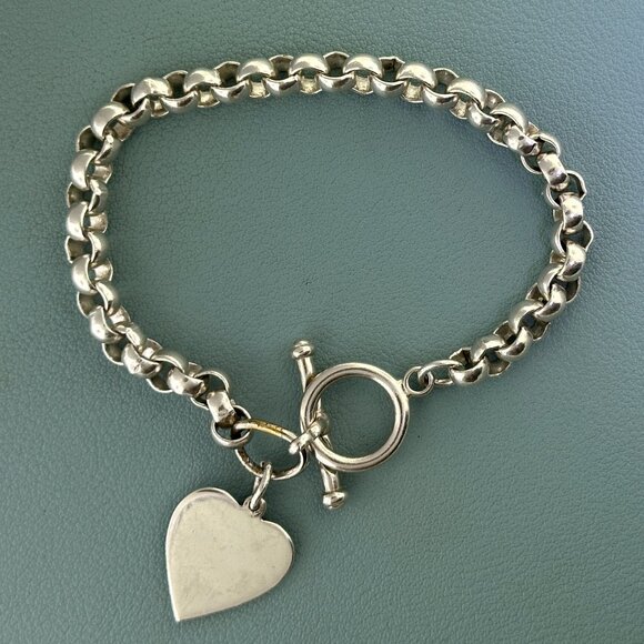 8" Vintage 925 Sterling Silver Toggle Bracelet with Engraveable Heart Pendant - Picture 7 of 9